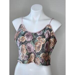 Vintage California Dynasty Cropped Camisole Black, Pink, Purple Roses Size M